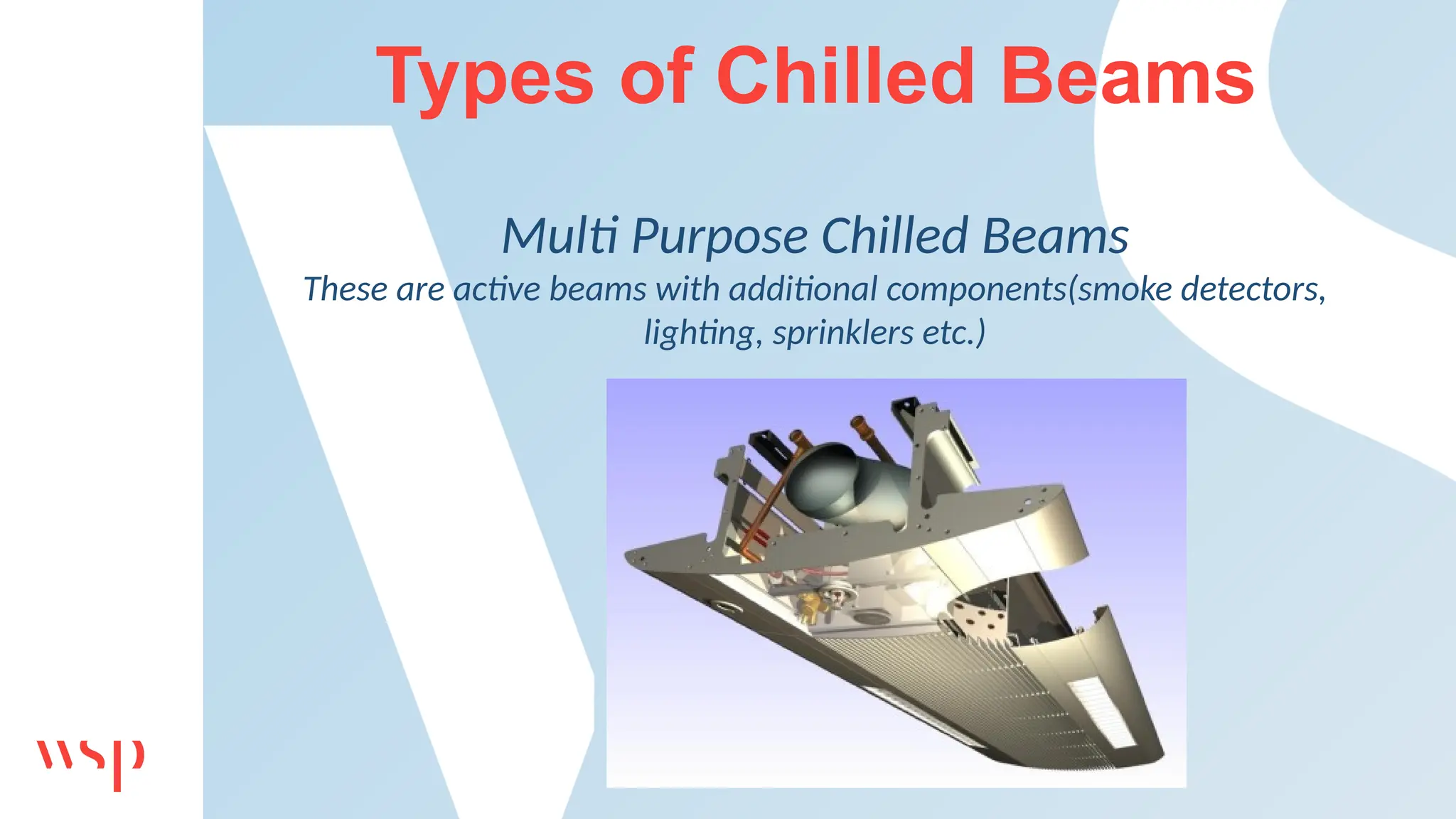 Types of Chilled Beams
Multi Purpose Chilled Beams
These are active beams with additional components(smoke detectors,
lighting, sprinklers etc.)
 