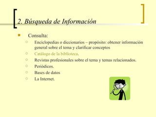 2. Búsqueda de Información  Consulta:  Enciclopedias o diccionarios – propósito: obtener información general sobre el tema y clarificar conceptos Catálogo de la biblioteca . Revistas profesionales sobre el tema y temas relacionados.  Periódicos.  Bases de datos La Internet. 