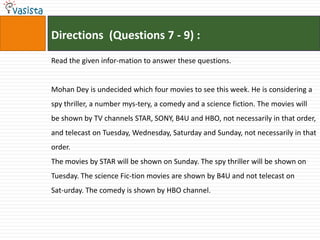 Directions (Questions 7 - 9) :
Read the given infor-mation to answer these questions.


Mohan Dey is undecided which four movies to see this week. He is considering a
spy thriller, a number mys-tery, a comedy and a science fiction. The movies will
be shown by TV channels STAR, SONY, B4U and HBO, not necessarily in that order,
and telecast on Tuesday, Wednesday, Saturday and Sunday, not necessarily in that
order.
The movies by STAR will be shown on Sunday. The spy thriller will be shown on
Tuesday. The science Fic-tion movies are shown by B4U and not telecast on
Sat-urday. The comedy is shown by HBO channel.
 