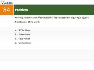 84   Problem

     Recently Tata consultancy Services (TCS) has succeeded in acquiring a big deal
     from Bank of China worth


     a. $ 75 million
     b. $ 50 million
     c. $100 million
     d. $ 125 million
 