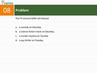 08   Problem

     The TV channel SONY will telecast


     a. a comedy on Saturday.
     b. a science fiction movie on Saturday.
     c. a murder mystery on Tuesday
     d. a spy thriller on Tuesday.
 