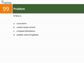 99   Problem

     El Nino is


     a. a sea storm
     b. a warm ocean current
     c. a tropical disturbance
     d. another name of typhoon
 