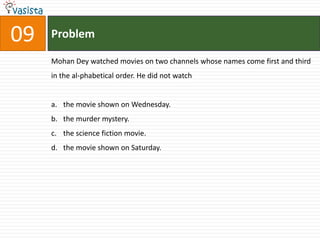 09   Problem

     Mohan Dey watched movies on two channels whose names come first and third
     in the al-phabetical order. He did not watch


     a. the movie shown on Wednesday.
     b. the murder mystery.
     c. the science fiction movie.
     d. the movie shown on Saturday.
 