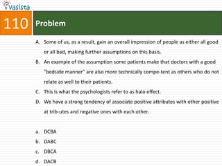 110   Problem

      A. Some of us, as a result, gain an overall impression of people as either all good
         or all bad, making further assumptions on this basis.
      B. An example of the assumption some patients make that doctors with a good
         "bedside manner" are also more technically compe-tent as others who do not
         relate as well to their patients.
      C. This is what the psychologists refer to as halo effect.
      D. We have a strong tendency of associate positive attributes with other positive
         at trib-utes and negative ones with each other.


      a. DCBA
      b. DABC
      c. DBCA
      d. DACB
 
