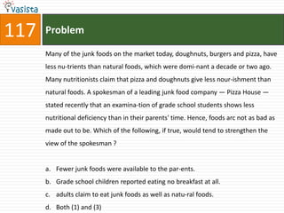 117   Problem

      Many of the junk foods on the market today, doughnuts, burgers and pizza, have
      less nu-trients than natural foods, which were domi-nant a decade or two ago.
      Many nutritionists claim that pizza and doughnuts give less nour-ishment than
      natural foods. A spokesman of a leading junk food company — Pizza House —
      stated recently that an examina-tion of grade school students shows less
      nutritional deficiency than in their parents' time. Hence, foods arc not as bad as
      made out to be. Which of the following, if true, would tend to strengthen the
      view of the spokesman ?


      a. Fewer junk foods were available to the par-ents.
      b. Grade school children reported eating no breakfast at all.
      c. adults claim to eat junk foods as well as natu-ral foods.
      d. Both (1) and (3)
 