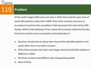 119   Problem

      Of the world's largest AIDS cases coun-tries in 2010, three had the same share of
      world AIDS patients as they had in 2000. These three countries may serve as
      ex-amples of countries that succeeded in hold-ing steady their share of the AIDS
      disease. Which of the following, if true, would most seriously undermine the idea
      that these countries serve as examples as described above ?


      a. Countries should strive to reduce their share of the total AIDS patients in the
         world, rather than try to hold it constant.
      b. Of the three countries two had a much larger share of world AIDS incidence in
         2000 than in 2010.
      c. The three countries have different rates of population growth.
      d. None of these.
 