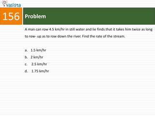 156   Problem

      A man can row 4.5 km/hr in still water and lie finds that it takes him twice as long
      to row- up as to row down the river. Find the rate of the stream.


      a. 1.5 km/hr
      b. 2 km/hr
      c.   2.5 km/hr
      d. 1.75 km/hr
 