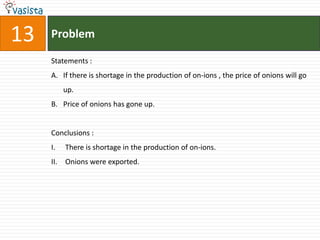 13   Problem

     Statements :
     A. If there is shortage in the production of on-ions , the price of onions will go
           up.
     B. Price of onions has gone up.


     Conclusions :
     I.    There is shortage in the production of on-ions.
     II.   Onions were exported.
 