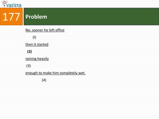 177   Problem

      No. sooner he left office
             (I)
      then it started
       (2)
      raining heavily
      (3)
      enough to make him completely wet.
                   (4)
 