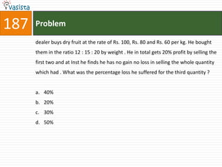 187   Problem

      dealer buys dry fruit at the rate of Rs. 100, Rs. 80 and Rs. 60 per kg. He bought
      them in the ratio 12 : 15 : 20 by weight . He in total gets 20% profit by selling the
      first two and at Inst he finds he has no gain no loss in selling the whole quantity
      which had . What was the percentage loss he suffered for the third quantity ?


      a. 40%
      b. 20%
      c. 30%
      d. 50%
 