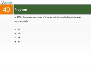 40   Problem

     In 1990, the percentage share of thermal in total installed capacity- was
     approximately


     a. 45
     b. 50
     c. 26
     d. 54
 