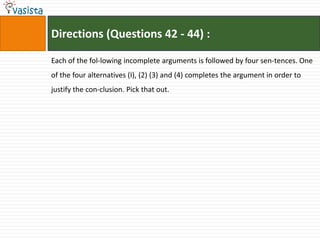 Directions (Questions 42 - 44) :

Each of the fol-lowing incomplete arguments is followed by four sen-tences. One
of the four alternatives (I), (2) (3) and (4) completes the argument in order to
justify the con-clusion. Pick that out.
 