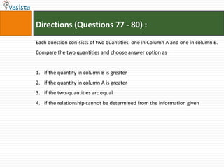 Directions (Questions 77 - 80) :
Each question con-sists of two quantities, one in Column A and one in column B.
Compare the two quantities and choose answer option as


1. if the quantity in column B is greater
2. if the quantity in column A is greater
3. if the two-quantities arc equal
4. if the relationship cannot be determined from the information given
 