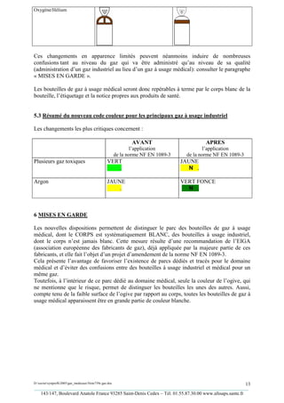 Oxygène/Hélium




Ces changements en apparence limités peuvent néanmoins induire de nombreuses
confusions tant au niveau du gaz qui va être administré qu’au niveau de sa qualité
(administration d’un gaz industriel au lieu d’un gaz à usage médical): consulter le paragraphe
« MISES EN GARDE ».

Les bouteilles de gaz à usage médical seront donc repérables à terme par le corps blanc de la
bouteille, l’étiquetage et la notice propres aux produits de santé.


5.3 Résumé du nouveau code couleur pour les principaux gaz à usage industriel

Les changements les plus critiques concernent :

                                                               AVANT                         APRES
                                                                l’application                l’application
                                                        de la norme NF EN 1089-3     de la norme NF EN 1089-3
Plusieurs gaz toxiques                           VERT                              JAUNE
                                                    .                                 N .

Argon                                            JAUNE                             VERT FONCE
                                                     .                               N .



6 MISES EN GARDE

Les nouvelles dispositions permettent de distinguer le parc des bouteilles de gaz à usage
médical, dont le CORPS est systématiquement BLANC, des bouteilles à usage industriel,
dont le corps n’est jamais blanc. Cette mesure résulte d’une recommandation de l’EIGA
(association européenne des fabricants de gaz), déjà appliquée par la majeure partie de ces
fabricants, et elle fait l’objet d’un projet d’amendement de la norme NF EN 1089-3.
Cela présente l’avantage de favoriser l’existence de parcs dédiés et tracés pour le domaine
médical et d’éviter des confusions entre des bouteilles à usage industriel et médical pour un
même gaz.
Toutefois, à l’intérieur de ce parc dédié au domaine médical, seule la couleur de l’ogive, qui
ne mentionne que le risque, permet de distinguer les bouteilles les unes des autres. Aussi,
compte tenu de la faible surface de l’ogive par rapport au corps, toutes les bouteilles de gaz à
usage médical apparaissent être en grande partie de couleur blanche.




D:xaviersynprefh2005gaz_medicauxNote739e gaz.doc                                                   13
_________________________________________________________________________________________
   143/147, Boulevard Anatole France 93285 Saint-Denis Cedex – Tél. 01.55.87.30.00 www.afssaps.sante.fr
 