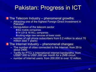 Pakistan: Progress in ICT The Telecom Industry – phenomenal growths: Attracting one of the highest Foreign Direct Investment in Pakistan Deregulation of the telecom sector  Six mobile companies 14 LDI & 18 WLL companies cutting edge new services at lower costs number of cell phone subscribers from 0.2 million to about 70 million (last 7 years) The Internet Industry – phenomenal changes: The number of cities connected to the Internet: from 29 to about 2400. Tariffs for PTCL’s International Internet bandwidths: from US$87,000 to US$1,000 per month for a 2MB circuit. number of Internet users: from 200,000 to over 12 million. 