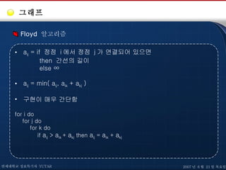 그래프 Floyd  알고리즘 a ij  = if  정점  i 에서 정점  j 가 연결되어 있으면   then  간선의 길이   else ∞ a ij  = min( a ij , a ik  + a kj  ) 구현이 매우 간단함 for i do for j do for k do if  a ij  >  a ik  +  a kj  then  a ij  =  a ik  +  a kj 연세대학교 정보특기자  YUTAR 2007 년  6 월  21 일 목요일 