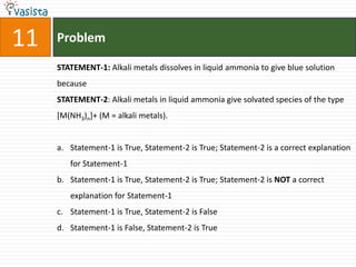 Problem11STATEMENT-1: Alkali metals dissolves in liquid ammonia to give blue solutionbecauseSTATEMENT-2: Alkali metals in liquid ammonia give solvated species of the type [M(NH3)n]+ (M = alkali metals).Statement-1 is True, Statement-2 is True; Statement-2 is a correct explanation for Statement-1Statement-1 is True, Statement-2 is True; Statement-2 is NOT a correct explanation for Statement-1Statement-1 is True, Statement-2 is FalseStatement-1 is False, Statement-2 is True