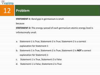 Problem12STATEMENT-1: Band gap in germanium is small.becauseSTATEMENT-2: The energy spread of each germanium atomic energy level is infinitesimally small.Statement-1 is True, Statement-2 is True; Statement-2 is a correct explanation for Statement-1Statement-1 is True, Statement-2 is True; Statement-2 is NOT a correct explanation for Statement-1 Statement-1 is True, Statement-2 is False Statement-1 is False, Statement-2 is True