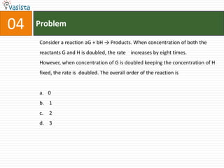 Problem04Consider a reaction aG + bH -> Products. When concentration of both the reactants G and H is doubled, the rate    increases by eight times. However, when concentration of G is doubled keeping the concentration of H fixed, the rate is  doubled. The overall order of the reaction is0  1 2  3