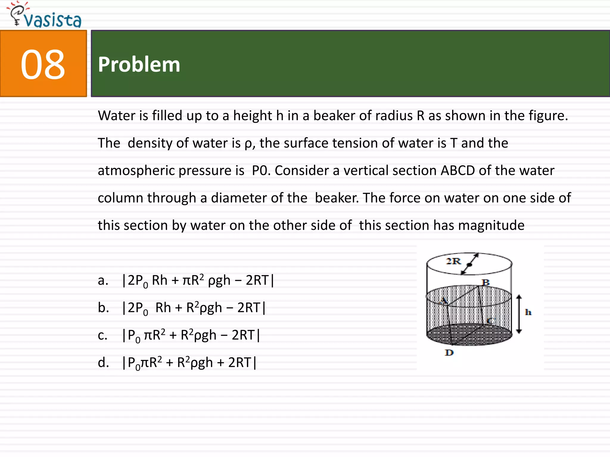 Problem08Water is filled up to a height h in a beaker of radius R as shown in the figure. The  density of water is ρ, the surface tension of water is T and the atmospheric pressure is  P0. Consider a vertical section ABCD of the water column through a diameter of the  beaker. The force on water on one side of this section by water on the other side of  this section has magnitude|2P0Rh + πR2ρgh − 2RT||2P0Rh + R2ρgh − 2RT||P0πR2 + R2ρgh − 2RT||P0πR2 + R2ρgh + 2RT|
