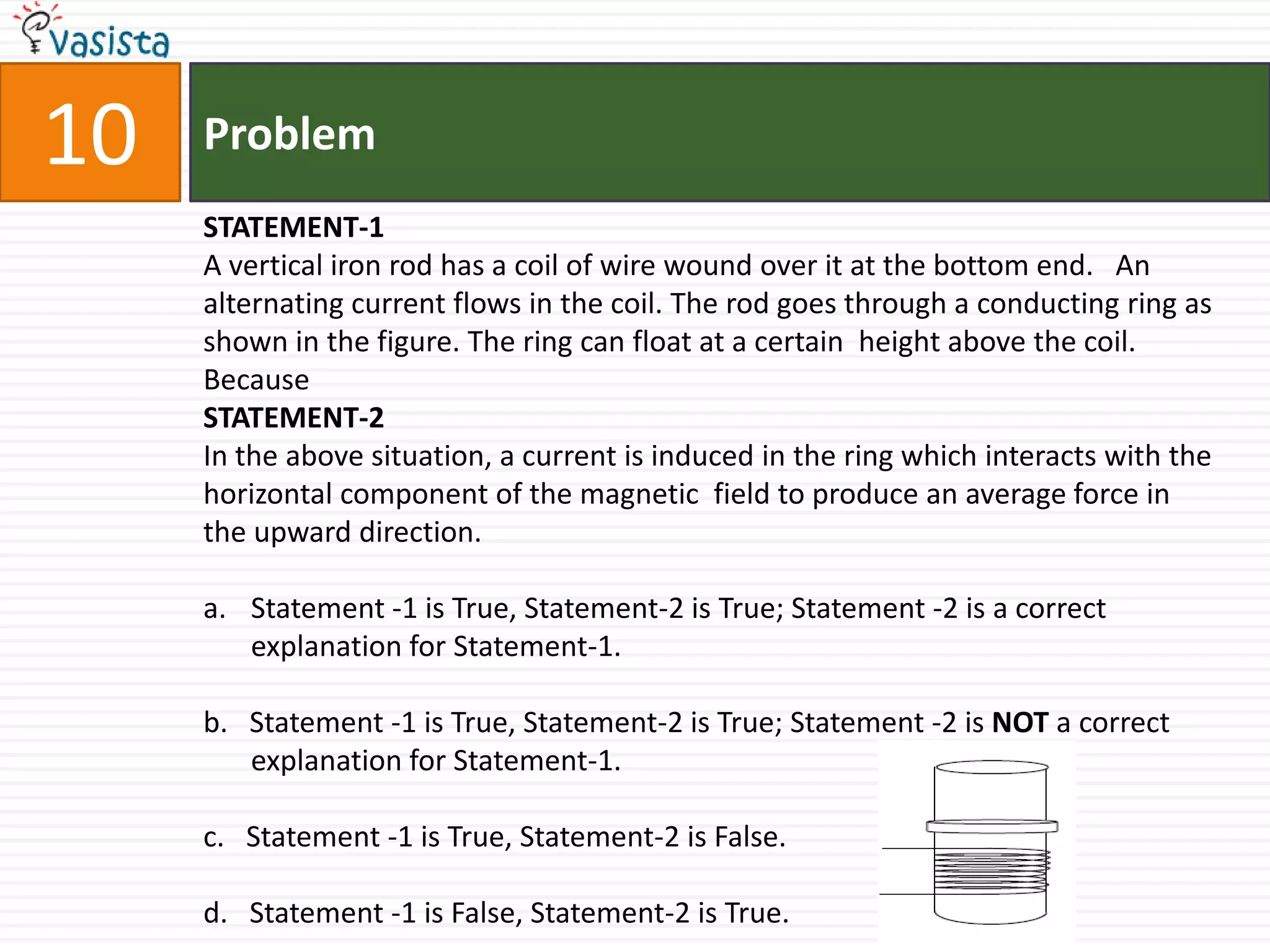 Problem10STATEMENT-1A vertical iron rod has a coil of wire wound over it at the bottom end.   An alternating current flows in the coil. The rod goes through a conducting ring as shown in the figure. The ring can float at a certain  height above the coil.BecauseSTATEMENT-2In the above situation, a current is induced in the ring which interacts with the horizontal component of the magnetic  field to produce an average force in the upward direction.Statement -1 is True, Statement-2 is True; Statement -2 is a correct explanation for Statement-1.b.   Statement -1 is True, Statement-2 is True; Statement -2 is NOT a correct explanation for Statement-1.                           c.   Statement -1 is True, Statement-2 is False.d.   Statement -1 is False, Statement-2 is True.