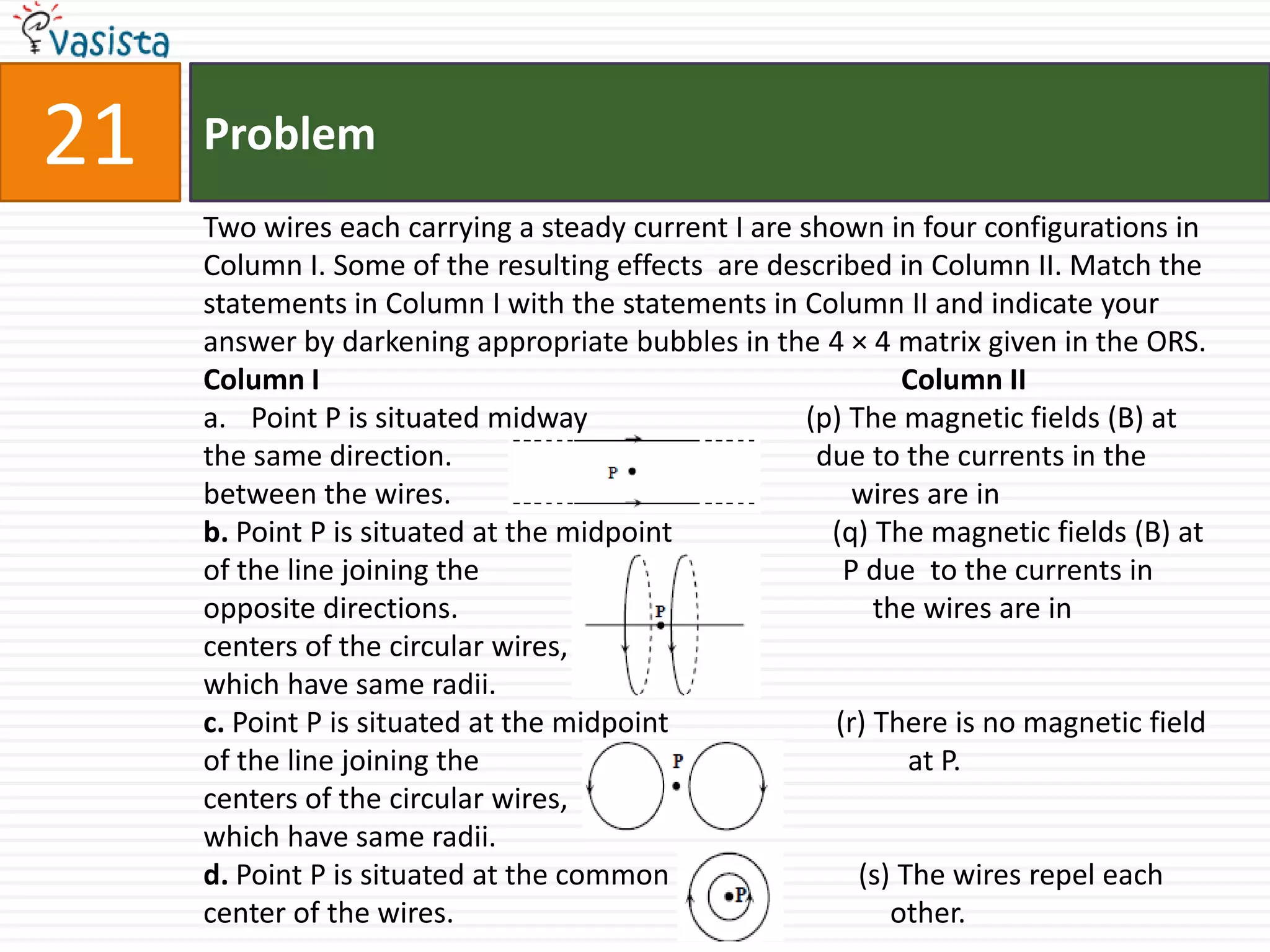 Problem21Two wires each carrying a steady current I are shown in four configurations in Column I. Some of the resulting effects  are described in Column II. Match the statements in Column I with the statements in Column II and indicate youranswer by darkening appropriate bubbles in the 4 × 4 matrix given in the ORS.Column I                                                                                Column IIPoint P is situated midway                              (p) The magnetic fields (B) at the same direction.                                                  due to the currents in thebetween the wires.                                                       wires are inb. Point P is situated at the midpoint                      (q) The magnetic fields (B) at of the line joining the                                                  P due  to the currents inopposite directions.                                                         the wires are incenters of the circular wires,which have same radii.c. Point P is situated at the midpoint                       (r) There is no magnetic fieldof the line joining the                                                           at P.centers of the circular wires,which have same radii.d. Point P is situated at the common                          (s) The wires repel eachcenter of the wires.                                                            other.