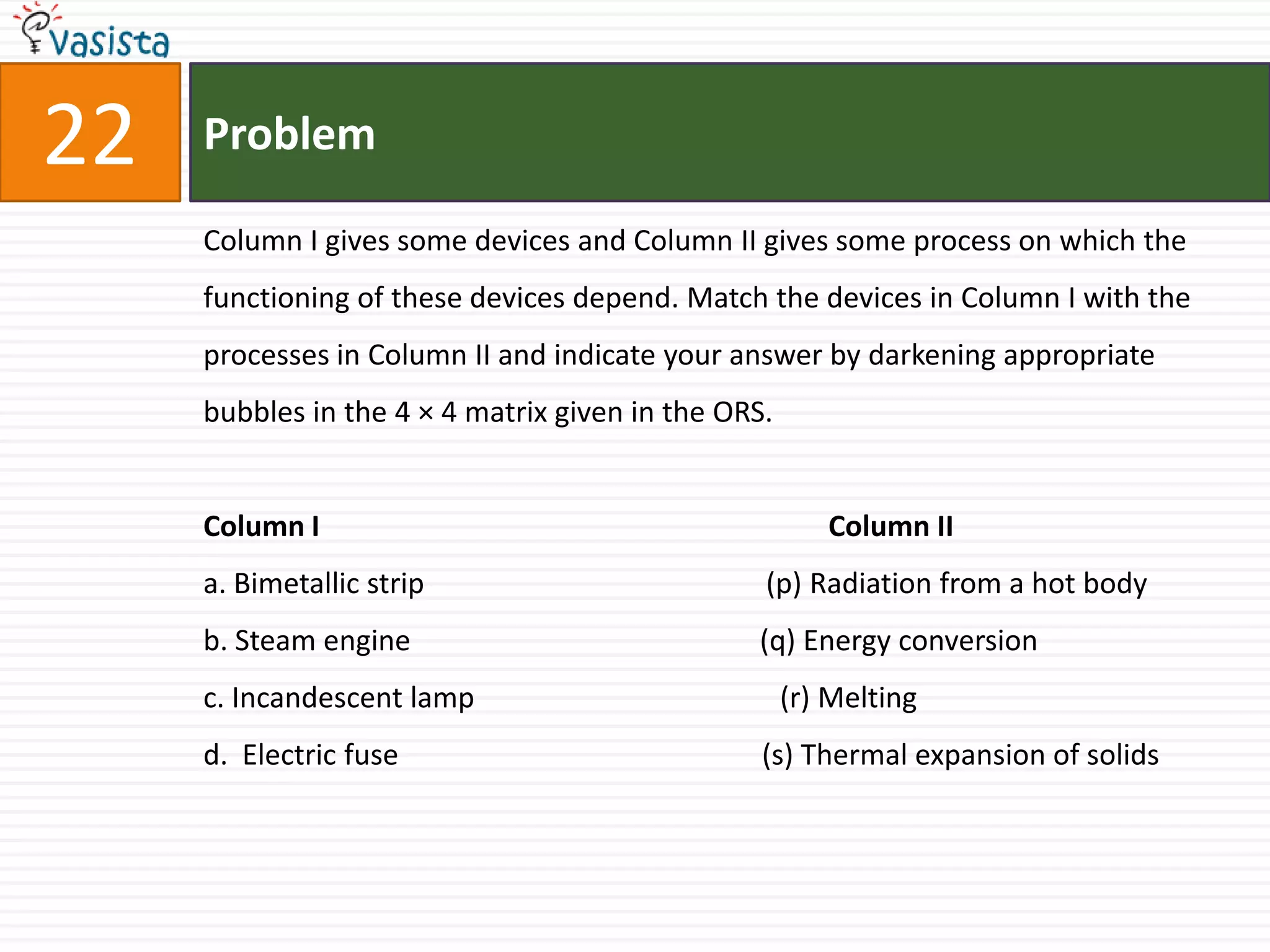 Problem22Column I gives some devices and Column II gives some process on which the functioning of these devices depend. Match the devices in Column I with the processes in Column II and indicate your answer by darkening appropriatebubbles in the 4 × 4 matrix given in the ORS.Column I                                                                      Column IIa. Bimetallic strip                                               (p) Radiation from a hot bodyb. Steam engine                                                (q) Energy conversionc. Incandescent lamp                                          (r) Meltingd.  Electric fuse                                                  (s) Thermal expansion of solids