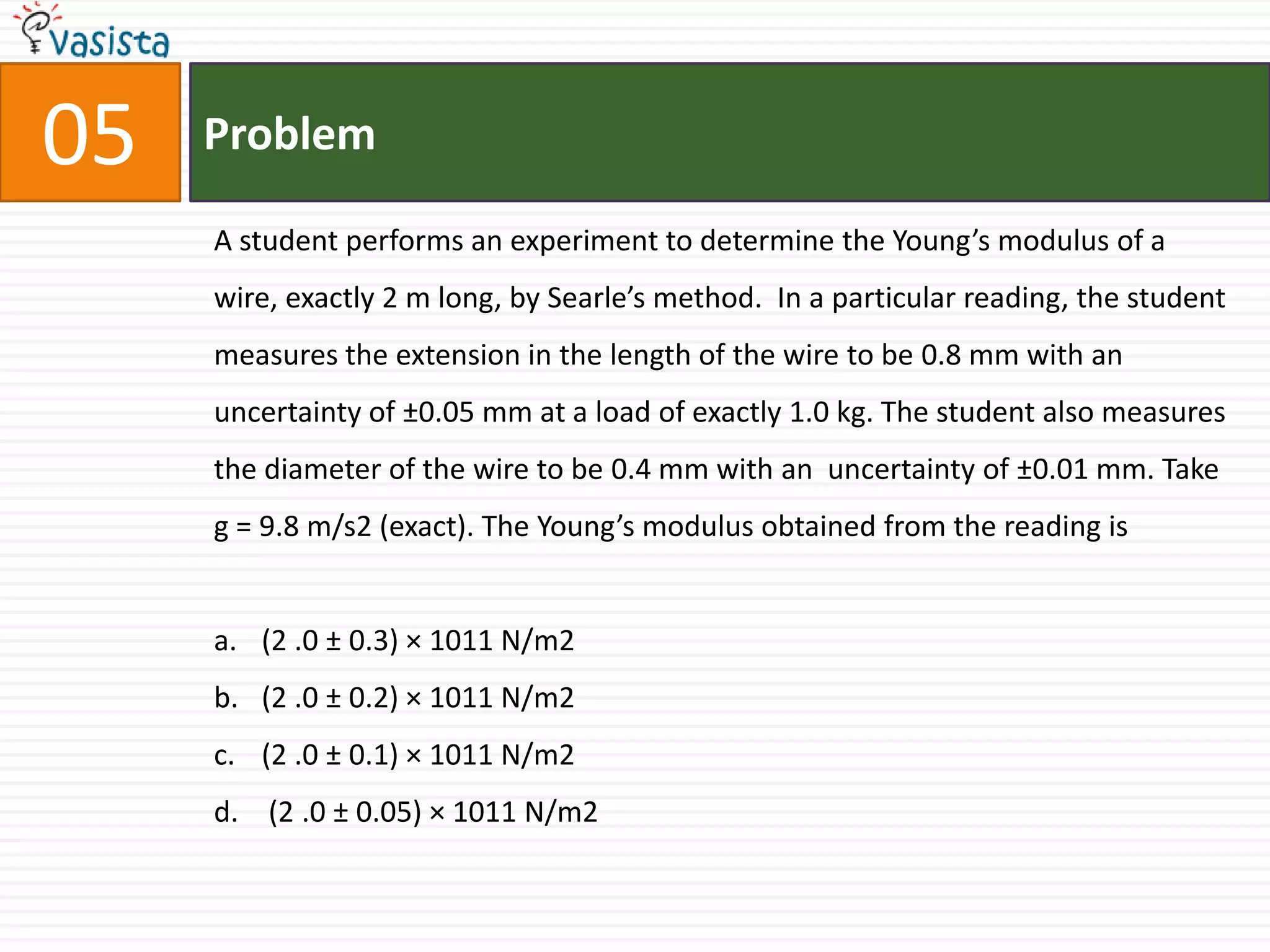 Problem05A student performs an experiment to determine the Young’s modulus of a wire, exactly 2 m long, by Searle’s method.  In a particular reading, the student measures the extension in the length of the wire to be 0.8 mm with an uncertainty of ±0.05 mm at a load of exactly 1.0 kg. The student also measures the diameter of the wire to be 0.4 mm with an  uncertainty of ±0.01 mm. Take g = 9.8 m/s2 (exact). The Young’s modulus obtained from the reading is(2 .0 ± 0.3) × 1011 N/m2 (2 .0 ± 0.2) × 1011 N/m2(2 .0 ± 0.1) × 1011 N/m2  (2 .0 ± 0.05) × 1011 N/m2