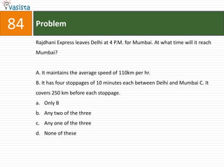 84   Problem

     Rajdhani Express leaves Delhi at 4 P.M. for Mumbai. At what time will it reach
     Mumbai?


     A. It maintains the average speed of 110km per hr.
     B. It has four stoppages of 10 minutes each between Delhi and Mumbai C. It
     covers 250 km before each stoppage.
     a. Only B
     b. Any two of the three
     c. Any one of the three
     d. None of these
 
