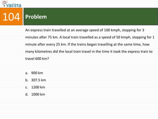 104   Problem

      An express train travelled at an average speed of 100 kmph, stopping for 3
      minutes after 75 km. A local train travelled as a speed of 50 kmph, stopping for 1
      minute after every 25 km. If the trains began travelling at the same time, how
      many kilometres did the local train travel in the time it took the express train to
      travel 600 km?


      a. 900 km
      b. 307.5 km
      c. 1200 km
      d. 1000 km
 