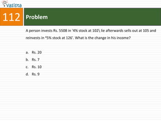 112   Problem

      A person invests Rs. 5508 in '4% stock at 102 lie afterwards sells out at 105 and
      reinvests in 45% stock at 126'. What is the change in his income?


      a. Rs. 20
      b. Rs. 7
      c. Rs. 10
      d. Rs. 9
 