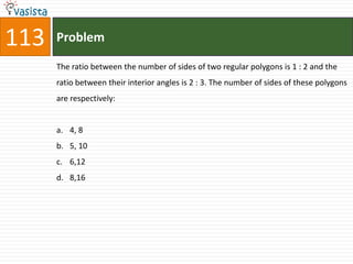 113   Problem

      The ratio between the number of sides of two regular polygons is 1 : 2 and the
      ratio between their interior angles is 2 : 3. The number of sides of these polygons
      are respectively:


      a. 4, 8
      b. 5, 10
      c. 6,12
      d. 8,16
 