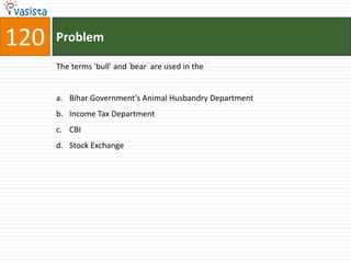 120   Problem

      The terms 'bull' and ‘bear ’ are used in the


      a. Bihar Government's Animal Husbandry Department
      b. Income Tax Department
      c. CBI
      d. Stock Exchange
 