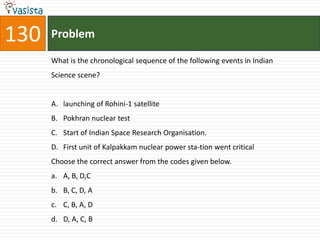 130   Problem

      What is the chronological sequence of the following events in Indian
      Science scene?


      A. launching of Rohini-1 satellite
      B. Pokhran nuclear test
      C. Start of Indian Space Research Organisation.
      D. First unit of Kalpakkam nuclear power sta-tion went critical
      Choose the correct answer from the codes given below.
      a. A, B, D,C
      b. B, C, D, A
      c. C, B, A, D
      d. D, A, C, B
 