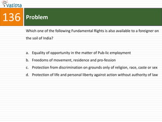 136   Problem

      Which one of the following Fundamental Rights is also available to a foreigner on
      the soil of India?


      a. Equality of opportunity in the matter of Pub-lic employment
      b. Freedoms of movement, residence and pro-fession
      c. Protection from discrimination on grounds only of religion, race, caste or sex
      d. Protection of life and personal liberty against action without authority of law
 