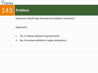 143   Problem

      Statement: Should high chimneys be installed in industries?


      Arguments:


      I.    Yes, It reduces pollution at ground level.
      II.   No, It increases pollution in upper atmosphere.
 