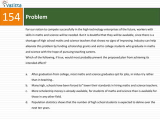 154   Problem
      For our nation to compete successfully in the high-technology enterprises of the future, workers with
      skills in maths and science will be needed. But it is doubtful that they will be available, since there is a
      shortage of high school maths and science teachers that shows no signs of improving. Industry can help
      alleviate this problem by funding scholarship grants and aid to college students who graduate in maths
      and science with the hope of pursuing teaching careers.
      Which of the following, if true, would most probably prevent the proposed plan from achieving its
      intended effect?


      a.   After graduation from college, most maths and science graduates opt for jobs, in indus-try rather
           than in teaching..
      b.   Many high, schools have been forced to" lower their standards in hiring maths and science teachers.
      c.   More scholarship money is already available, for students of maths and science than is available for
           those in any other field.
      d.   Population statistics shows that the number of high school students is expected to deline over the
           next ten years.
 