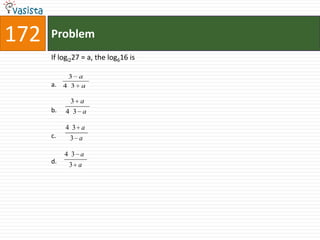 172   Problem
      If logl227 = a, the log616 is

            3 a
      a.   4 3 a

            3 a
      b.   4 3 a

           4 3 a
      c.    3 a

           4 3 a
      d.    3 a
 