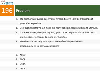196   Problem

      A. The remnants of such a supernova, remain discern able for thousands of
         years after explosion.
      B. Only such supernova can make the heavi-est elements like gold and uranium.
      C. For a few weeks, an exploding star, glows more brightly than a million suns
         and its interior collapses to make another star.
      D. Massive stars not only burn up extremely fast but perish more
         spectacularly, in su-pernova explosions


      a. ABCD
      b. ADCB
      c. DCBA
      d. BDCA
 