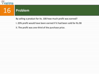 16   Problem

     By selling a product for Its. 100 how much profit was earned?
     I. 20% profit would have been earned if it had been sold for Rs.90
     II. The profit was one-third of the purchase price.
 