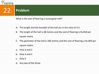 22   Problem

     What is the cost of flooring a rectangular hall?


     A. The length and the breadth of the hall are in the ratio of 3:2
     B. The length of the hall is 48 metres and the cost of flooring is Rs.850 per
        square metre
     C. The perimeter of the hall is 160 metres and the cost of flooring is Rs.850 per
        square metre.
     a. Only A and 2
     b. Only A and C
     c. Only C
     d. Any two of the three
 