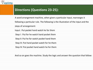 Directions (Questions 23-25):

A word arrangement machine, when given a particular input, rearranges it
following a particular rule. The following is the illustration of the input and the
steps of arrangement:
Input : Put pocket hand watch he for them
Step I : Put for he watch hand pocket them
Step II: Put he for watch pocket hand them
Step III: Put hand pocket watch for he them
Step IV: Put pocket hand watch he for them


And so on goes the machine. Study the logic and answer the question that follow:
 