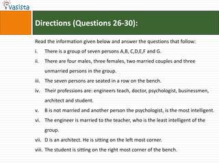 Directions (Questions 26-30):

Read the information given below and answer the questions that follow:
i.    There is a group of seven persons A,B, C,D,E,F and G.
ii.   There are four males, three females, two married couples and three
      unmarried persons in the group.
iii. The seven persons are seated in a row on the bench.
iv. Their professions are: engineers teach, doctor, psychologist, businessmen,
      architect and student.
v.    B is not married and another person the psychologist, is the most intelligent.
vi. The engineer is married to the teacher, who is the least intelligent of the
      group.
vii. D is an architect. He is sitting on the left most corner.
viii. The student is sitting on the right most corner of the bench.
 