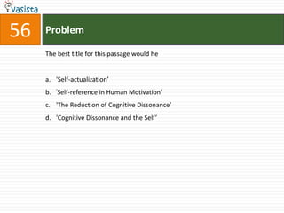56   Problem

     The best title for this passage would he


     a. 'Self-actualization’
     b. ‘Self-reference in Human Motivation'
     c. 'The Reduction of Cognitive Dissonance’
     d. 'Cognitive Dissonance and the Self’
 