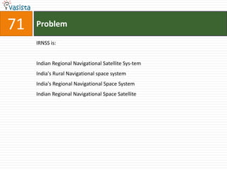 71   Problem

     IRNSS is:


     Indian Regional Navigational Satellite Sys-tem
     India's Rural Navigational space system
     India's Regional Navigational Space System
     Indian Regional Navigational Space Satellite
 