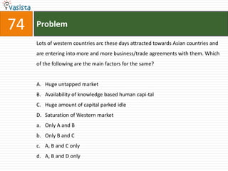 74   Problem

     Lots of western countries arc these days attracted towards Asian countries and
     are entering into more and more business/trade agreements with them. Which
     of the following are the main factors for the same?


     A. Huge untapped market
     B. Availability of knowledge based human capi-tal
     C. Huge amount of capital parked idle
     D. Saturation of Western market
     a. Only A and B
     b. Only B and C
     c. A, B and C only
     d. A, B and D only
 