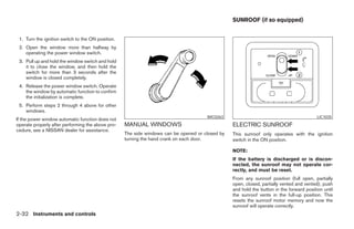SUNROOF (if so equipped)


 1. Turn the ignition switch to the ON position.
 2. Open the window more than halfway by
    operating the power window switch.
 3. Pull up and hold the window switch and hold
    it to close the window, and then hold the
    switch for more than 3 seconds after the
    window is closed completely.
 4. Release the power window switch. Operate
    the window by automatic function to confirm
    the initialization is complete.
 5. Perform steps 2 through 4 above for other
    windows.
                                                                                      WIC0263                                             LIC1035
If the power window automatic function does not
operate properly after performing the above pro-   MANUAL WINDOWS                                ELECTRIC SUNROOF
cedure, see a NISSAN dealer for assistance.
                                                   The side windows can be opened or closed by   This sunroof only operates with the ignition
                                                   turning the hand crank on each door.          switch in the ON position.

                                                                                                 NOTE:
                                                                                                 If the battery is discharged or is discon-
                                                                                                 nected, the sunroof may not operate cor-
                                                                                                 rectly, and must be reset.
                                                                                                 From any sunroof position (full open, partially
                                                                                                 open, closed, partially vented and vented), push
                                                                                                 and hold the button in the forward position until
                                                                                                 the sunroof vents in the full-up position. This
                                                                                                 resets the sunroof motor memory and now the
                                                                                                 sunroof will operate correctly.
2-32 Instruments and controls
 