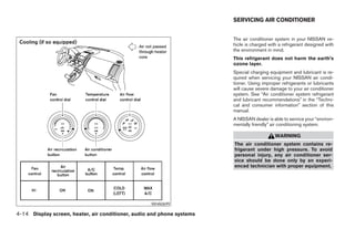 SERVICING AIR CONDITIONER


                                                                        The air conditioner system in your NISSAN ve-
                                                                        hicle is charged with a refrigerant designed with
                                                                        the environment in mind.
                                                                        This refrigerant does not harm the earth’s
                                                                        ozone layer.
                                                                        Special charging equipment and lubricant is re-
                                                                        quired when servicing your NISSAN air condi-
                                                                        tioner. Using improper refrigerants or lubricants
                                                                        will cause severe damage to your air conditioner
                                                                        system. See “Air conditioner system refrigerant
                                                                        and lubricant recommendations” in the “Techni-
                                                                        cal and consumer information” section of this
                                                                        manual.
                                                                        A NISSAN dealer is able to service your “environ-
                                                                        mentally friendly” air conditioning system.

                                                                                            WARNING
                                                                        The air conditioner system contains re-
                                                                        frigerant under high pressure. To avoid
                                                                        personal injury, any air conditioner ser-
                                                                        vice should be done only by an experi-
                                                                        enced technician with proper equipment.




                                                    WHA0699

4-14 Display screen, heater, air conditioner, audio and phone systems
 