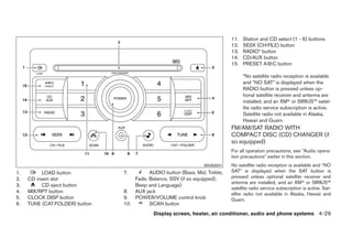 11.   Station and CD select (1 - 6) buttons
                                                                             12.   SEEK (CH·FILE) button
                                                                             13.   RADIO* button
                                                                             14.   CD/AUX button
                                                                             15.   PRESET A·B·C button

                                                                                   *No satellite radio reception is available
                                                                                   and “NO SAT” is displayed when the
                                                                                   RADIO button is pressed unless op-
                                                                                   tional satellite receiver and antenna are
                                                                                   installed, and an XM or SIRIUS™ satel-
                                                                                   lite radio service subscription is active.
                                                                                   Satellite radio not available in Alaska,
                                                                                   Hawaii and Guam.
                                                                             FM/AM/SAT RADIO WITH
                                                                             COMPACT DISC (CD) CHANGER (if
                                                                             so equipped)
                                                                             For all operation precautions, see Audio opera-
                                                                             tion precautions earlier in this section.
                                                                 WHA0691     No satellite radio reception is available and “NO
1.        LOAD button           7.        AUDIO button (Bass, Mid, Treble,   SAT” is displayed when the SAT button is
2.   CD insert slot                 Fade, Balance, SSV (if so equipped),     pressed unless optional satellite receiver and
                                                                             antenna are installed, and an XM or SIRIUS™
3.        CD eject button           Beep and Language)
                                                                             satellite radio service subscription is active. Sat-
4.   MIX/RPT button             8. AUX jack                                  ellite radio not available in Alaska, Hawaii and
5.   CLOCK DISP button          9. POWER/VOLUME control knob                 Guam.
6.   TUNE (CAT·FOLDER) button   10.       SCAN button
                                            Display screen, heater, air conditioner, audio and phone systems 4-29
 