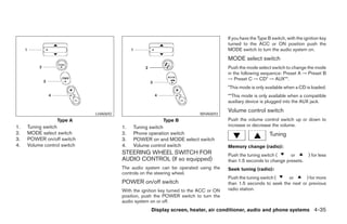 If you have the Type B switch, with the ignition key
                                                                                       turned to the ACC or ON position push the
                                                                                       MODE switch to turn the audio system on.
                                                                                       MODE select switch
                                                                                       Push the mode select switch to change the mode
                                                                                       in the following sequence: Preset A → Preset B
                                                                                       → Preset C → CD* → AUX**.
                                                                                       *This mode is only available when a CD is loaded.
                                                                                       **This mode is only available when a compatible
                                                                                       auxiliary device is plugged into the AUX jack.

                             LHA0692                                      WHA0693
                                                                                       Volume control switch
                  Type A                                 Type B                        Push the volume control switch up or down to
1.   Tuning switch                     1.   Tuning switch                              increase or decrease the volume.
2.   MODE select switch                2.   Phone operation switch                                           Tuning
3.   POWER on/off switch               3.   POWER on and MODE select switch
4.   Volume control switch             4.   Volume control switch                      Memory change (radio):
                                       STEERING WHEEL SWITCH FOR                       Push the tuning switch (     or           ) for less
                                       AUDIO CONTROL (If so equipped)                  than 1.5 seconds to change presets.
                                       The audio system can be operated using the      Seek tuning (radio):
                                       controls on the steering wheel.
                                                                                       Push the tuning switch (   or       ) for more
                                       POWER on/off switch                             than 1.5 seconds to seek the next or previous
                                       With the ignition key turned to the ACC or ON   radio station.
                                       position, push the POWER switch to turn the
                                       audio system on or off.
                                                    Display screen, heater, air conditioner, audio and phone systems 4-35
 